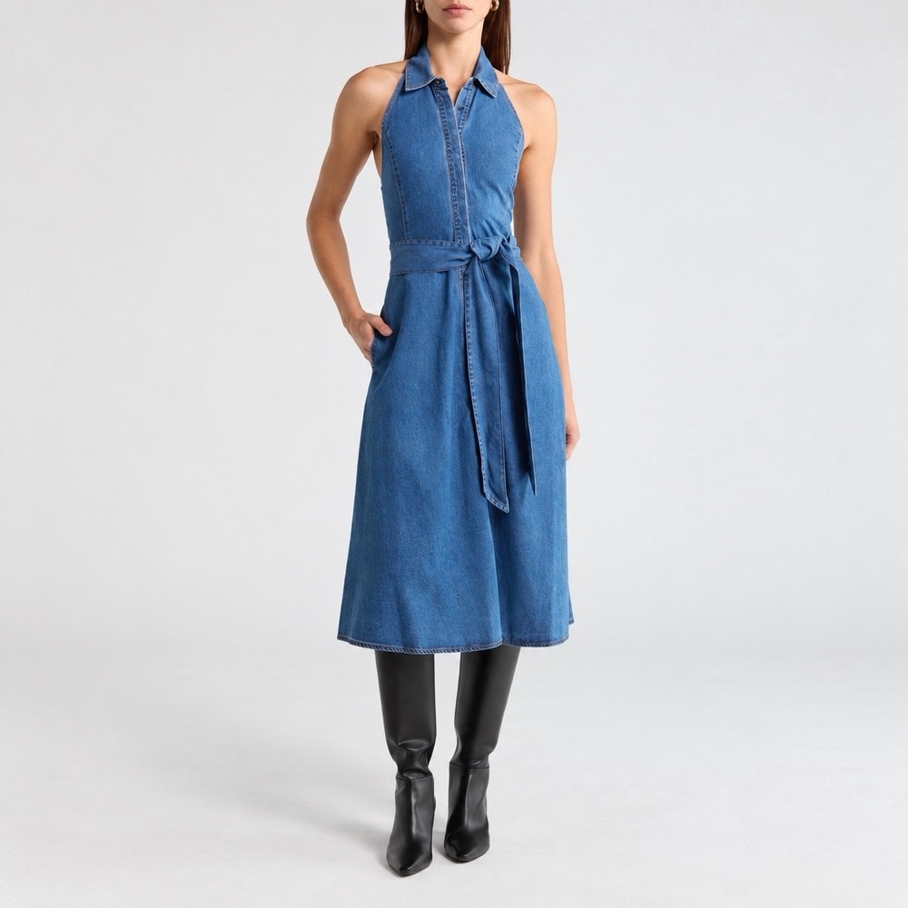 NEW Alice + Olivia Denim Belted Midi Dress Size 0 Blue Preppy Old Money Luxury